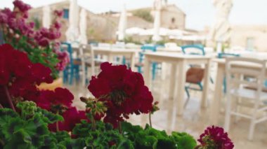 Tipik bir İtalyan köyünde açık hava restoranı. Sicilya Marzaemi.