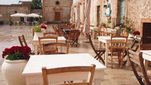 Restauracja Świeżym Powietrzu Typowej Włoskiej Wiosce Sycylia Marzamemi — Wideo stockowe