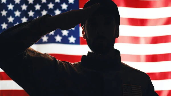 Soldat Avec Drapeau Américain Arrière Plan — Photo