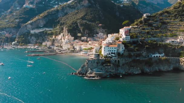 Vista Aérea Costa Amalfi Amanecer Costa Italiana Cerca Nápoles — Vídeos de Stock