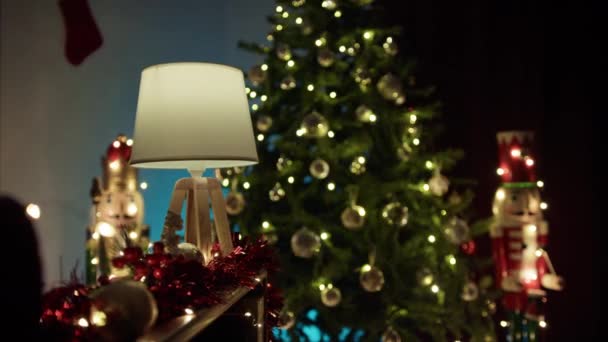 Kerstboom Met Verlichting Notenkraker — Stockvideo