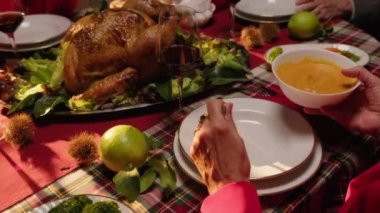 Şükran Günü için sos servisi yapan kadın. . 