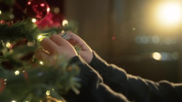 Niño Poniendo Bola Navidad Árbol — Vídeo de stock