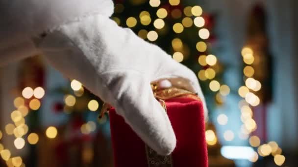 Santa Claus Entrega Regalos Bajo Árbol — Vídeo de stock