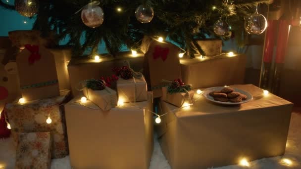 Caixas Presentes Com Biscoitos Para Papai Noel Sob Árvore Natal — Vídeo de Stock