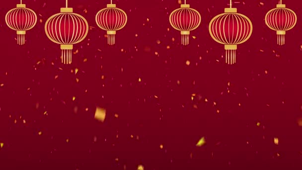 Китайский Новый Год Конфетти Фонариками Красном Фоне Бесшовной Петле — стоковое видео