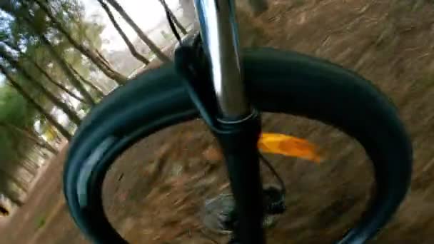Rueda Delantera Bicicleta Montaña Terreno Forestal — Vídeo de stock