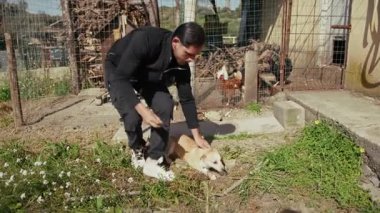 Adam köpeğine ilaç veriyor..