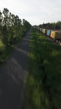 Kargo Konteynırlı Tren Doğada ve Havada Hızlı Hareket Ediyor . 