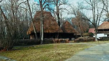 Güneşli bir günde saman evleri olan bir köy..