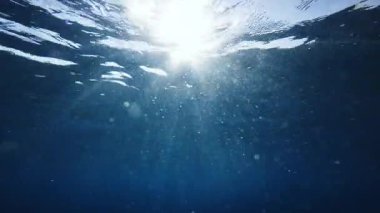 Okyanusun altından görülebilen göksel güneş ışığı. Yüksek kalite 4k görüntü