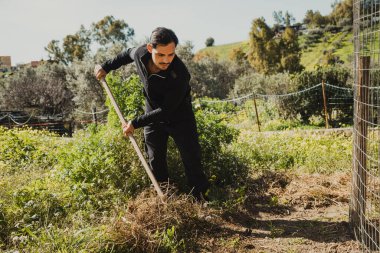 Kırsalda çapalı bir adam. . 