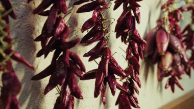 İtalya 'da Geleneksel Kuru ve Baharatlı Biberler Asılıyor .