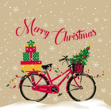 Noel ağacının olduğu klasik bisiklet desenleri, Noel ışıklarının olduğu hediyeler. Doğal Arkaplan - Noel vektör tasarımı