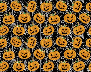 Şirin Kabaklar ve Örümcek Ağı Cadılar Bayramı Vektör Tasarımı ile kusursuz bir Cadılar Bayramı deseni 