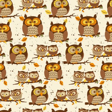 Ağaç dallarında Şirin Baykuşlar olan Sonbaharın kusursuz deseni - Sonbahar Vektör Tasarımı 