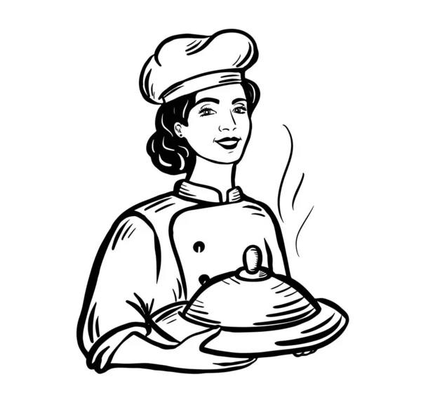 Schöne Köchin Köchin Frau Hält Ein Gericht Ihren Hand Restaurant — Stockvektor