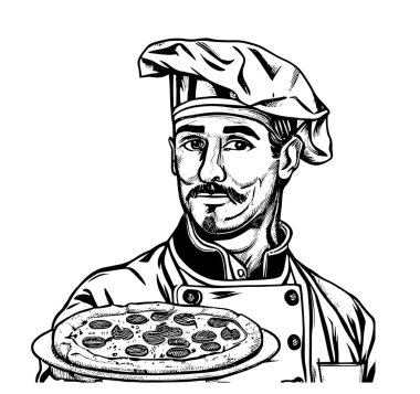 İtalyan şef pizza elini tuttu. Restoran işi konsepti. Logo. Vector Illustration.