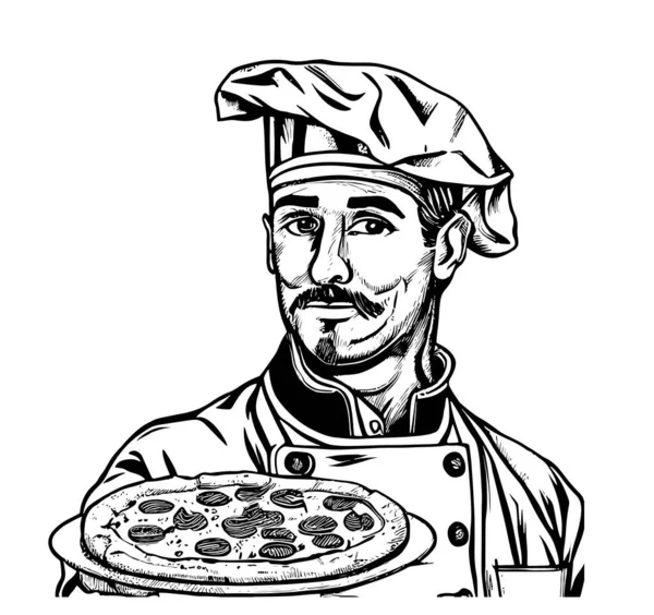 Italiensk Kock Som Håller Pizza Hand Ritade Skiss Restaurant Business — Stock vektor