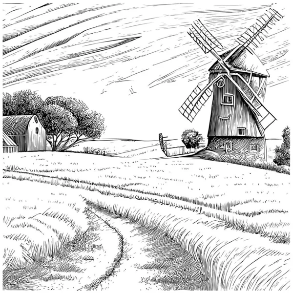 田舎の風景の中に風車 小麦畑のスケッチヴィンテージベクトルイラスト — ストックベクタ