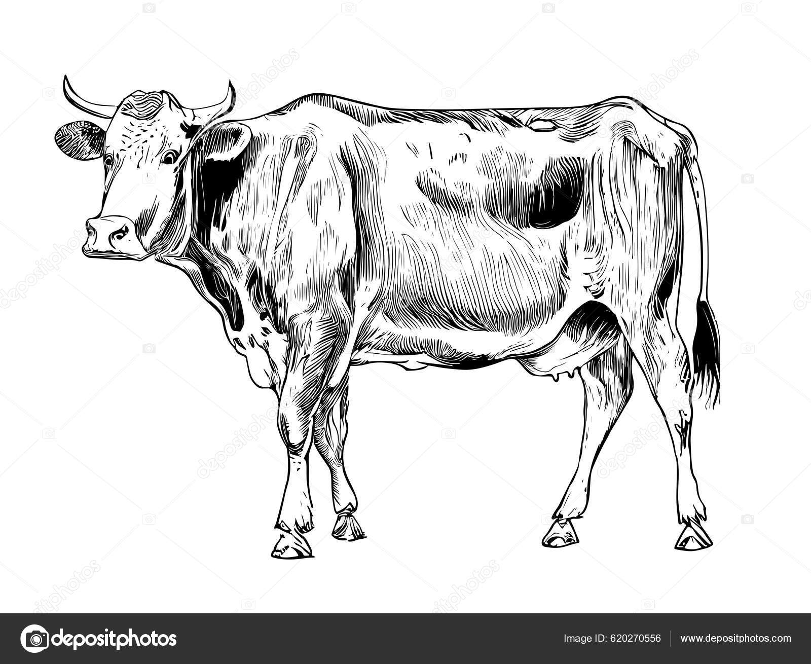 Cow Realistic Hand Drawn Sketch Animal Farming Vector Illustration