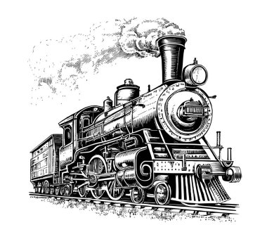 Steam locomotive old retro sketch hand drawn side view.Vector illustration. clipart