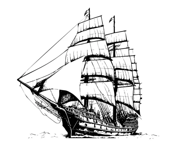 古い帆船の手を船側のビューを描いた — ストックベクタ