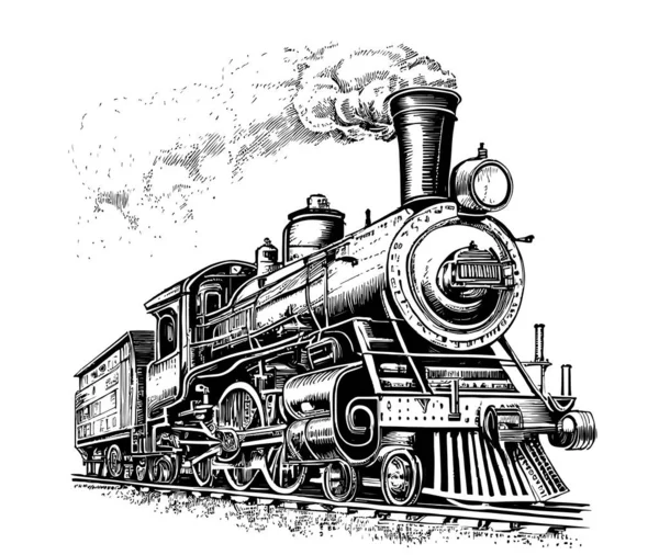 蒸気機関車の古いレトロなスケッチの手描き側のビュー — ストックベクタ