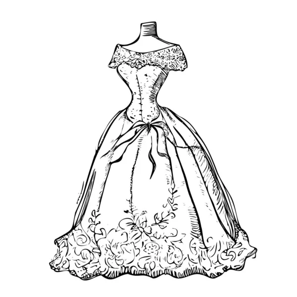 Vintage Wedding Dress Mannequin Hand Drawn Engraving Sketch Vector Illustration — Stock Vector