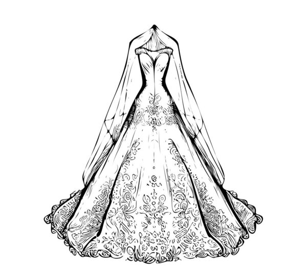 vintage wedding dress with veil on a mannequin hand drawn engraving sketch.Vector illustration.