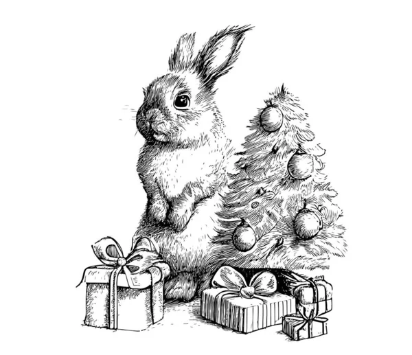 크리스마스 배경에 귀엽고 귀여운 토끼가 Drawn Vector 삽화를 스케치하고 있습니다 — 스톡 벡터