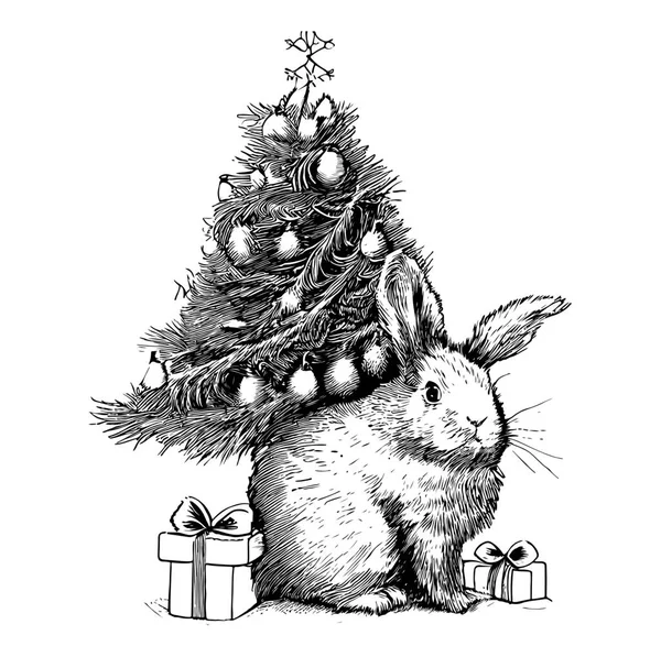 Conejo Lindo Año Nuevo Fondo Del Árbol Navidad Boceto Regalos — Vector de stock