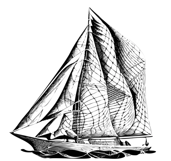 Яхта Волнах Мазках Рук Drawn Vector Иллюстрация — стоковый вектор