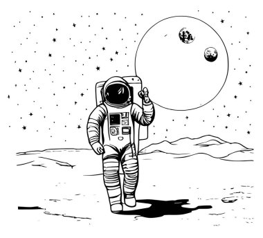 Ay 'ın arka planında ve yıldızlı gökyüzünde el çizimi yapan astronot. Doodle stili. Vektör illüstrasyonu..