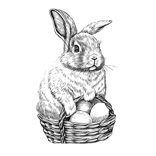 Sepetli Yumurtalı Tavşan Paskalya Skeci Vektör Illüstrasyonu — Stok Vektör