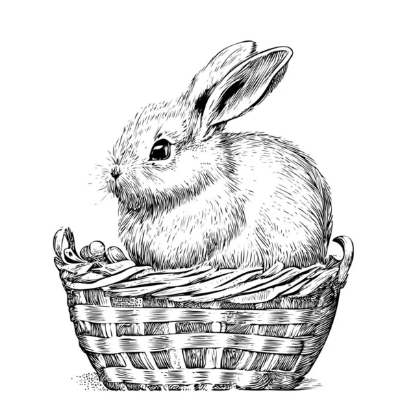 Симпатичный Пасхальный Кролик Корзине Вид Сбоку Руки Нарисованы Sketch Vector — стоковый вектор
