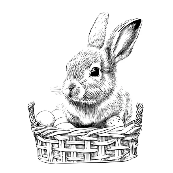 Yumurta Elle Çizilmiş Sepetteki Şirin Paskalya Tavşanı Vektör Illüstrasyonu — Stok Vektör