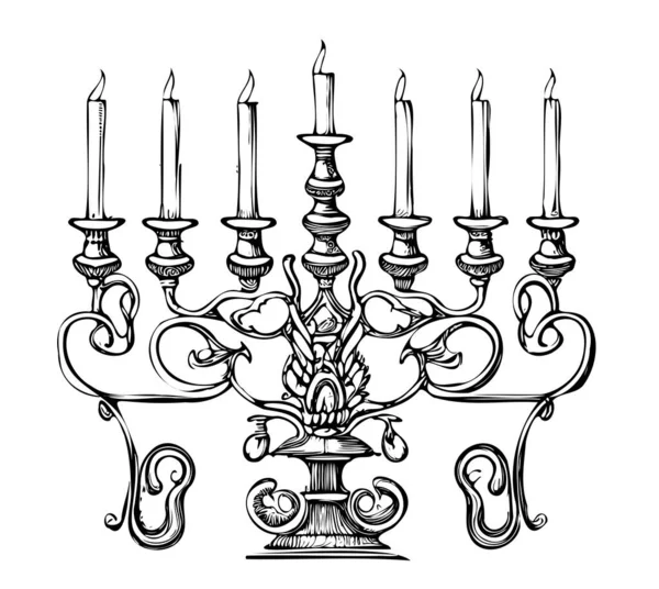 Kerzenständer Mit Kerzen Menora Kerzenständer Skizze Hand Strichen Gezeichnet Vector — Stockvektor