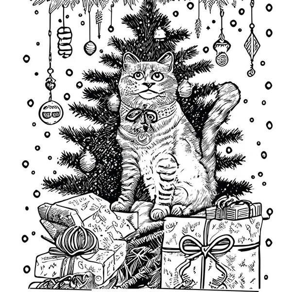 Кіт Сидить Подарунки Тлі Ялинки Ескізна Рука Намальована Новий Рік — стоковий вектор