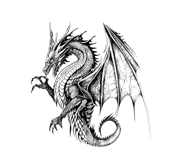 Dragón Personaje Cuento Hadas Bosquejo Dibujado Mano Vector Ilustración — Archivo Imágenes Vectoriales