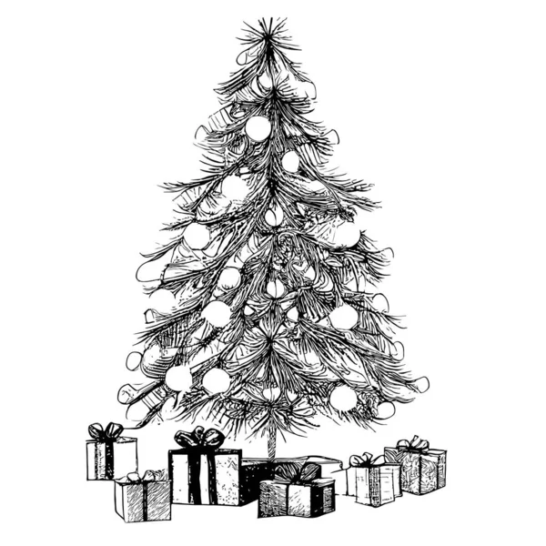 Árvore Natal Com Presentes Esboço Abstrato Mão Desenhada Ilustração Vetorial —  Vetores de Stock