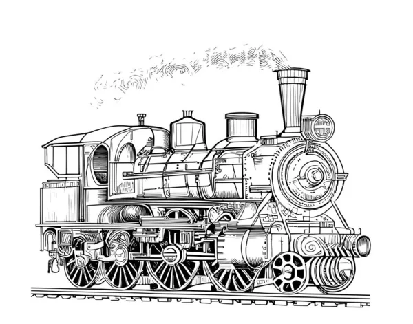 Vintage Vecchio Locomotiva Treno Disegnato Mano Schizzo Vettoriale Illustrazione — Vettoriale Stock
