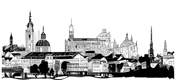 Schizzo Della Silhouette Della Costruzione Della Città Disegnato Mano Stile — Vettoriale Stock