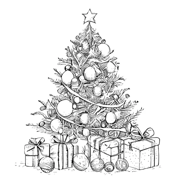 Arbre Noël Avec Cadeaux Croquis Dessiné Main Dans Style Doodle — Image vectorielle