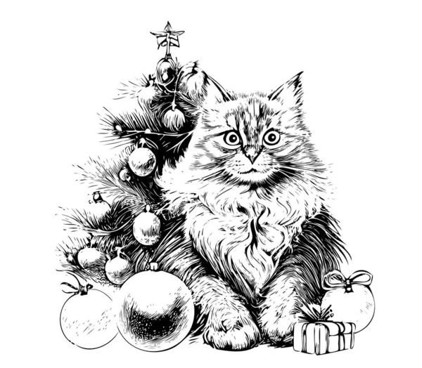 Weihnachtskätzchen Mit Weihnachtsbaum Und Geschenken Handgezeichnete Skizze Vektor Illustration — Stockvektor