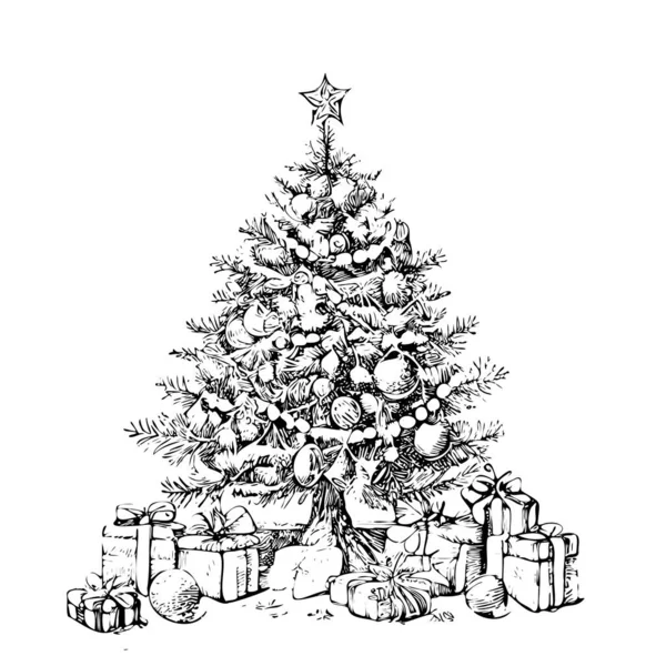 Arbre Noël Abstrait Avec Des Cadeaux Des Balles Esquisse Dessinée — Image vectorielle