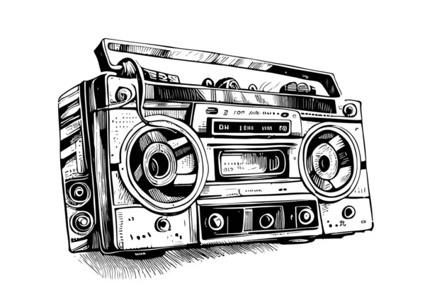カセットテープレコーダーレトロなスタイルのスケッチ手描き音楽コンセプトベクトルイラスト — ストックベクタ
