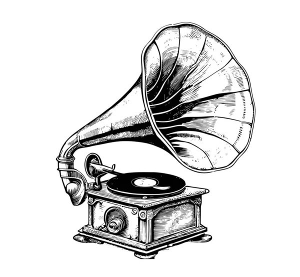 Musique Rétro Gramophone Esquisse Dessinée Main Dans Style Doodle Illustration — Image vectorielle