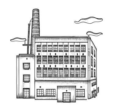Fabrika retro basit el gravür stili taslak Vektör illüstrasyonu.