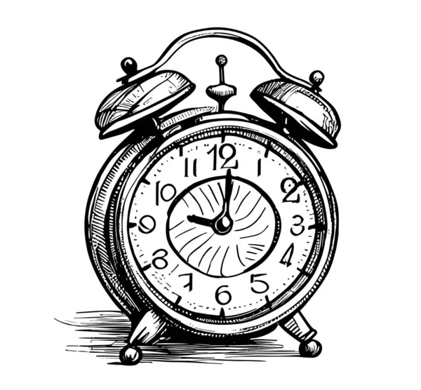 Relógio Despertador Retrô Esboço Desenhado Mão Gravura Estilo Vector Ilustração —  Vetores de Stock